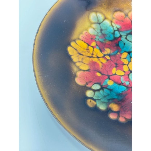 Enamel Over Copper Mid Century Signed Plate Blue Red Gold Round Dish Abstract - Picture 5 of 10